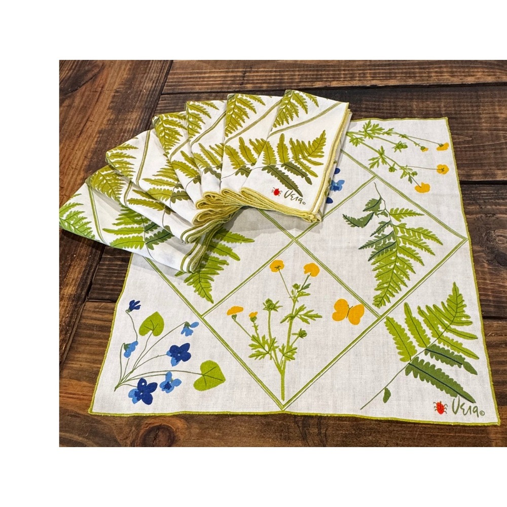 Vera Neumann Napkins Set of 8 White Green Botanical Fern Wildflower Vintage 70s